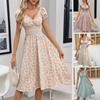 European and American Women's Clothing Bubble Sleeve Long Dress, Sweet Wind Printing V-neck Pleated Elegant Temperament Dress