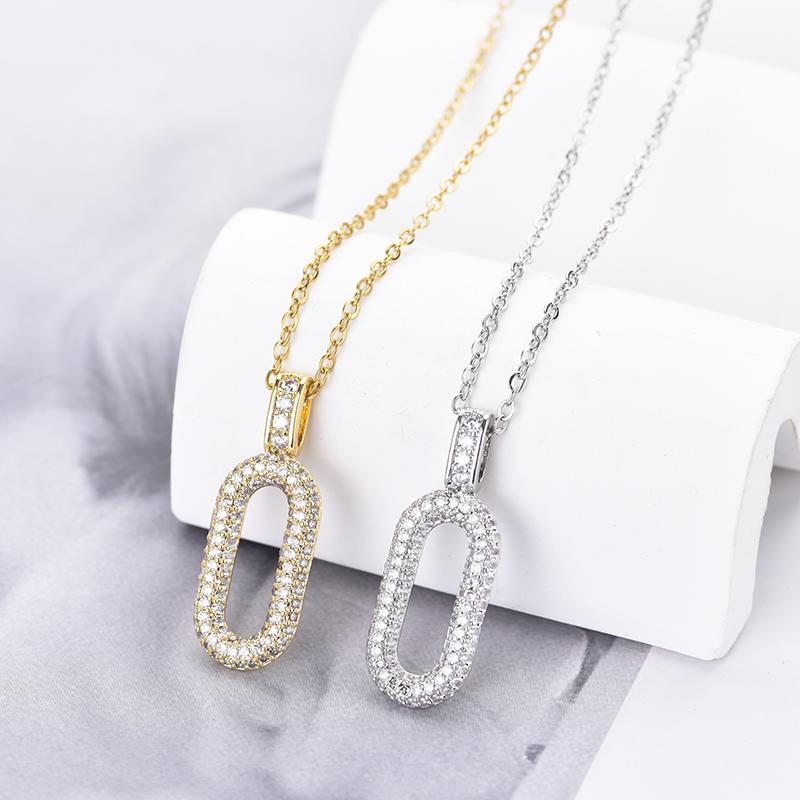Trendy Oval Rectangle Hoop Zincon Pendant Necklace For Women Stainless Steel Chain Choker Vintage Necklace Female Daily Zircon