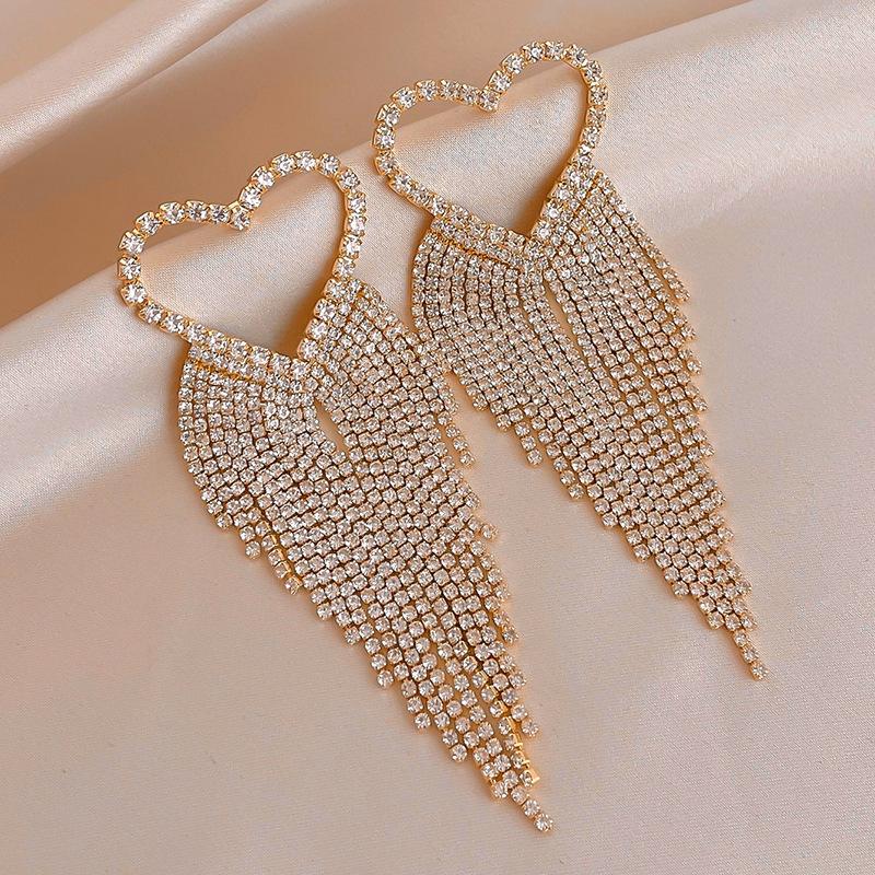 Silver needle exaggerated rhinestone love fringed long earrings European and American personalized earrings 