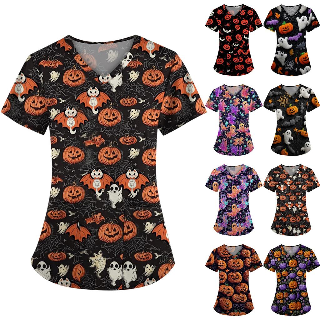 Velká velikost Potištěná srubová pracovní uniforma pro ženy s překříženým výstřihem do V Halloween potisk Zábavná trička s krátkým rukávem Pracovní oblečení Tričko s kapsami