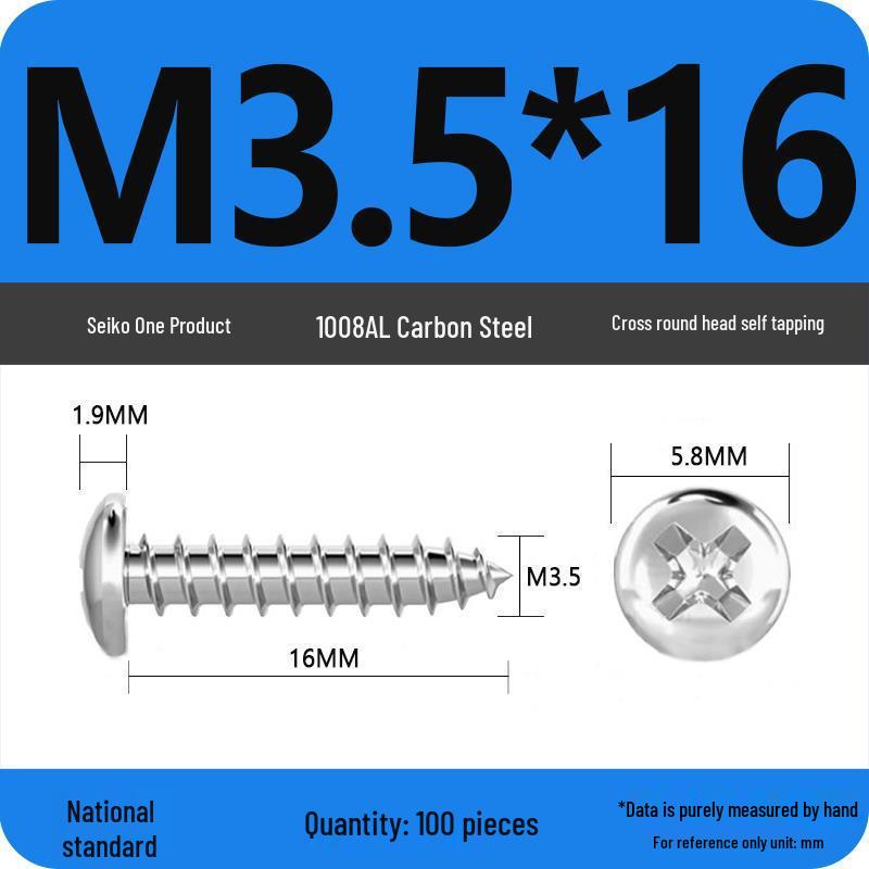 Galvanized Self-Tapping Screws, Round Head, White Zinc, PA Cross Pan, Pointed Tail M1.2-M4