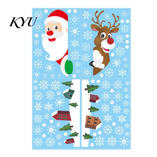 Removable Window Stickers 4Pcs Christmas Santa Claus & Reindeer Static Clings with Snowflake, PVC Decals, Festive Storefront Decor Reusable Glass for