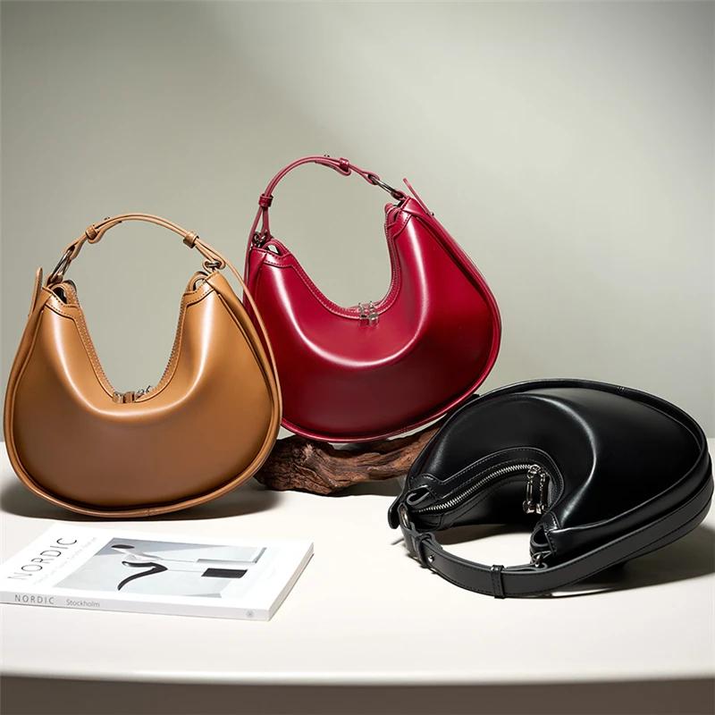 Genuine Leather Half Moon Underarm Shoulder Bags For Women  Trend Designer Hobo Crossbody Bags Tote Ladies Handbags