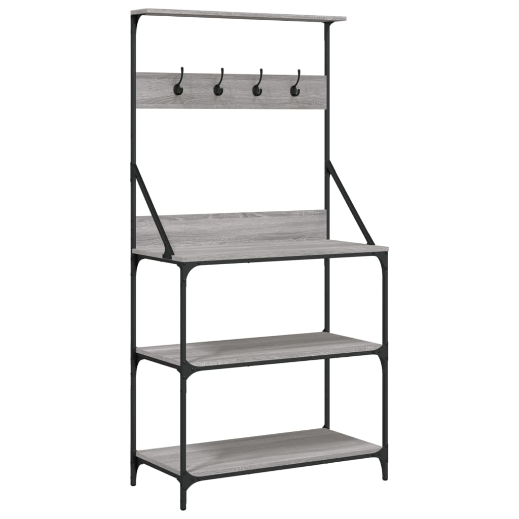 Vidaxl Kitchen Shelf with Hooks, 4-Tier, Grey Sonoma Oak