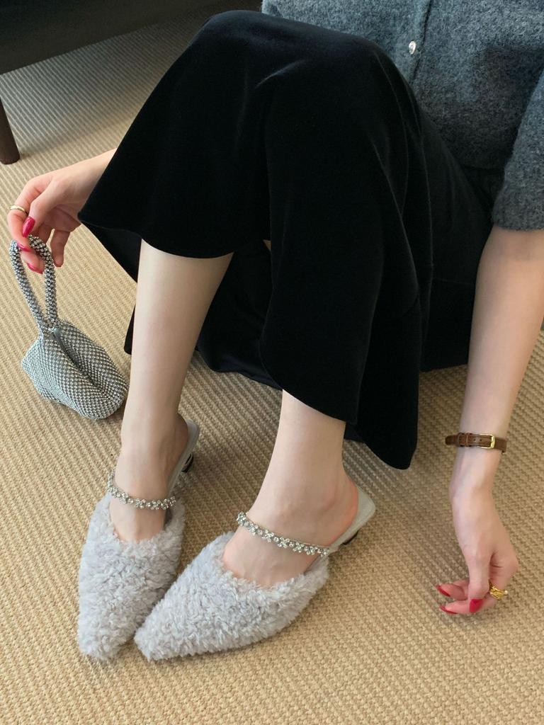 Plush pointed rhinestone half slippers women's 2025 autumn French muller shoes
