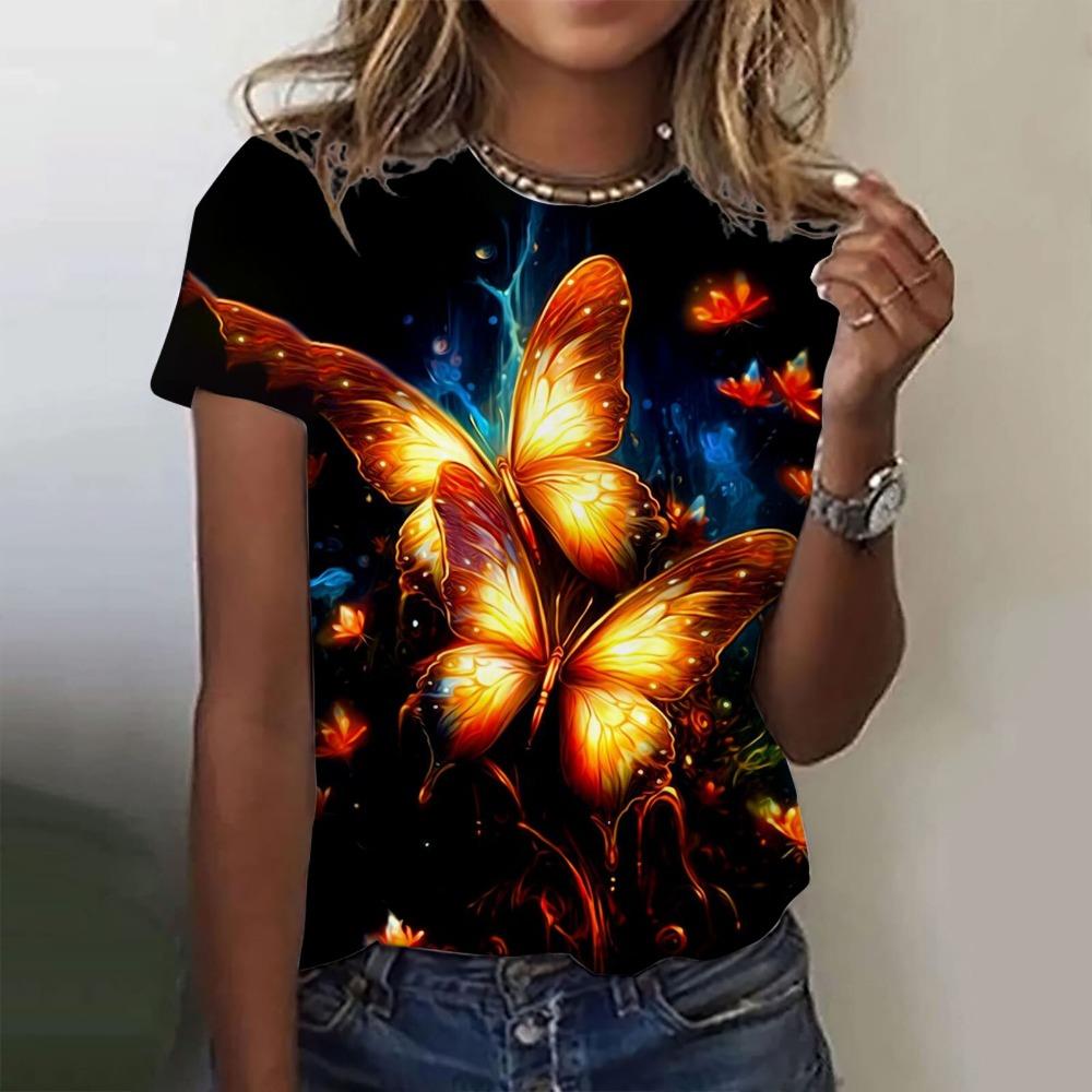 Butterfly 3D Print  Women's Casual Fashion Oversized Short Sleeve Y2K Girl Tops Clothing