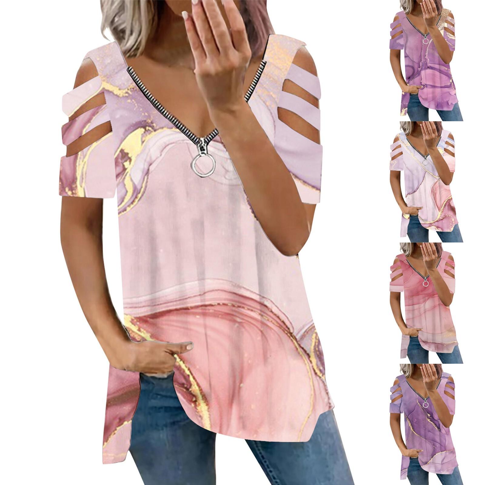 

Женская мода повседневная футболка с короткими рукавами и открытыми плечами с v-образным вырезом и застежкой-молнией Топ