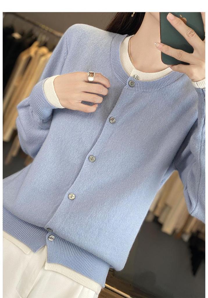 2025 Autumn/Winter Women's Round Neck Pure Wool Cardigan Sweater - Fake Two-Piece Design