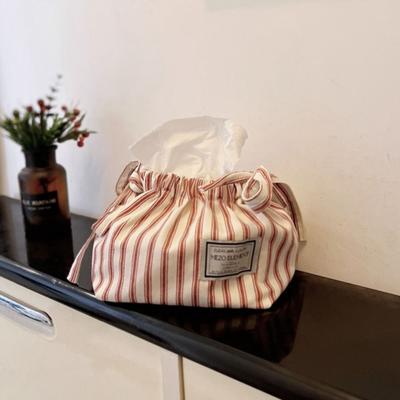 Room Decor Cotton Drawstring Tissue Bag Exquisite Retro Stripe Napkin Holder Soft Portable Paper Towel Dispenser Bathroom