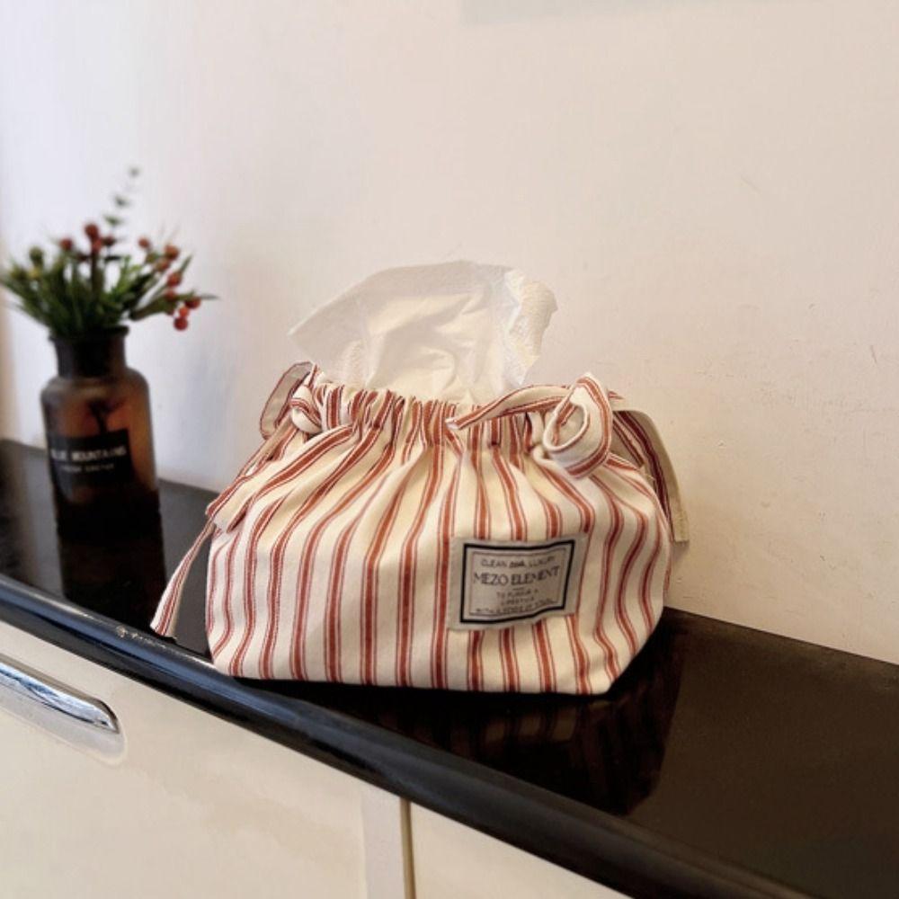 Korean Style Drawstring Tissue Bag Cotton Paper Towel Dispenser Stripe Napkin Holder Bathroom