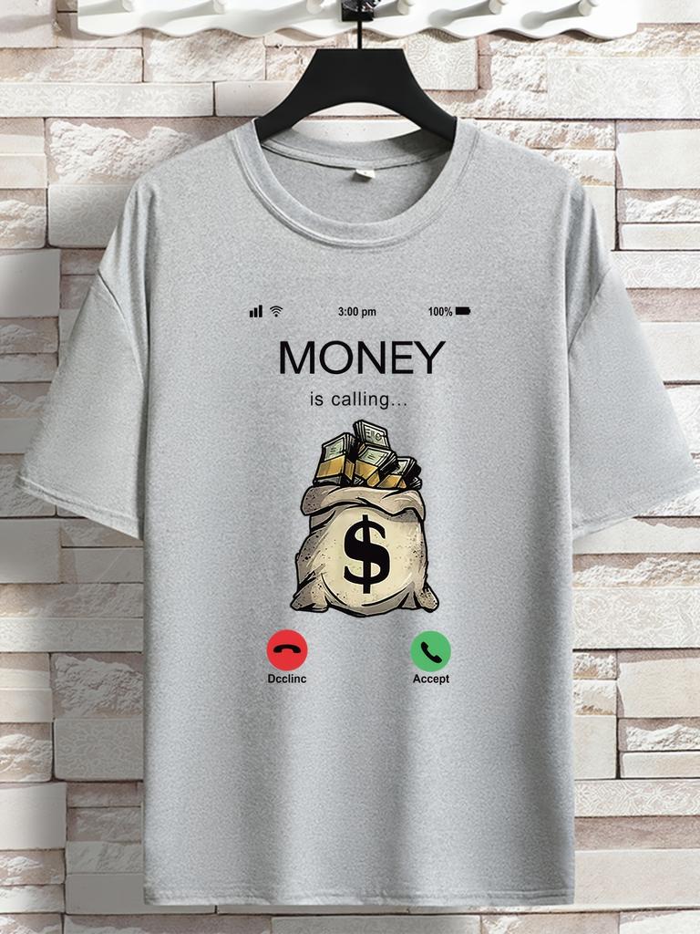 Unisexs Money Is Calling Graphic T Shirt Dollar Money Bag Incoming Call Screen Print Short Sleeve Crew Neck Casual Cotton Male Tee
