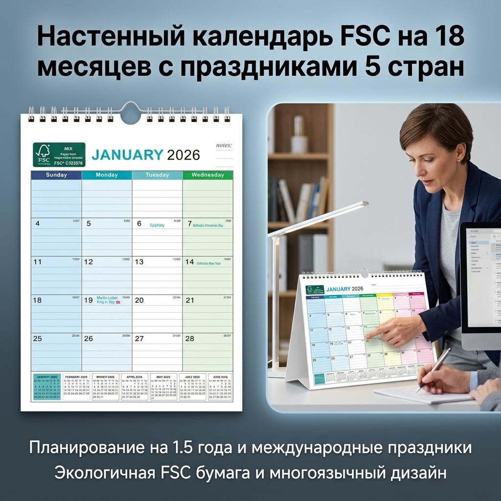FSC Certified Wall Calendar 18 Months Multilingual Design With 5 Countries Holidays