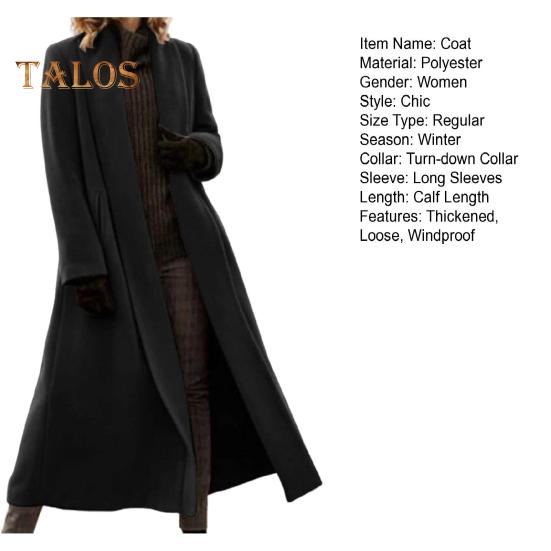 Women Winter Overcoat Open Stitch Turn-down Collar Long Sleeves Windbreaker Loose Cardigan Calf Length Outdoor Woolen Coat