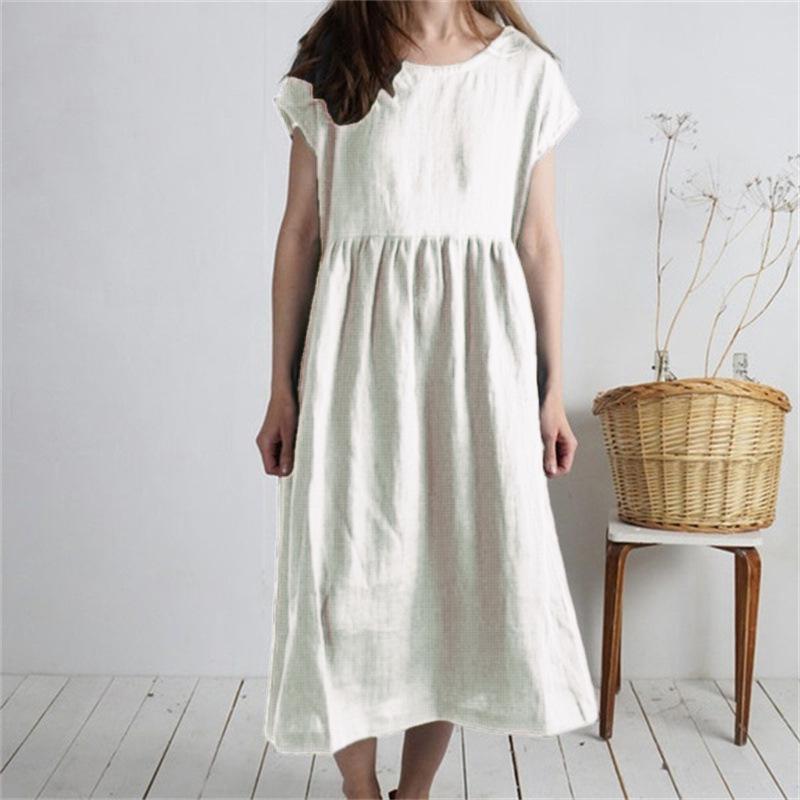 Women's Mid-Length Cotton Linen Dress - Round Neck, Short Sleeve, Solid Color, Pleated, Loose-Fit Casual Design
