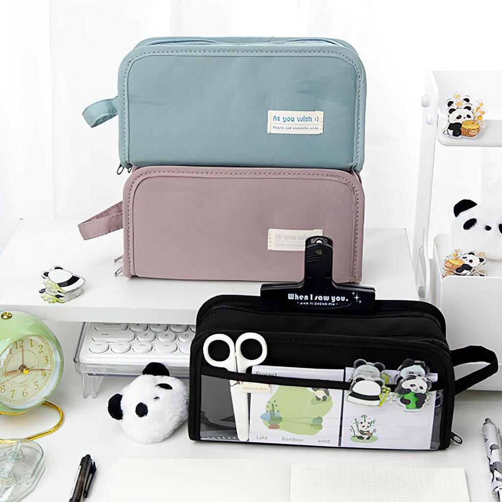 Double-sided Pencil Bag Pen Case 5 Compartments Multi Pocket Handbag Storage Pouch for Stationery School