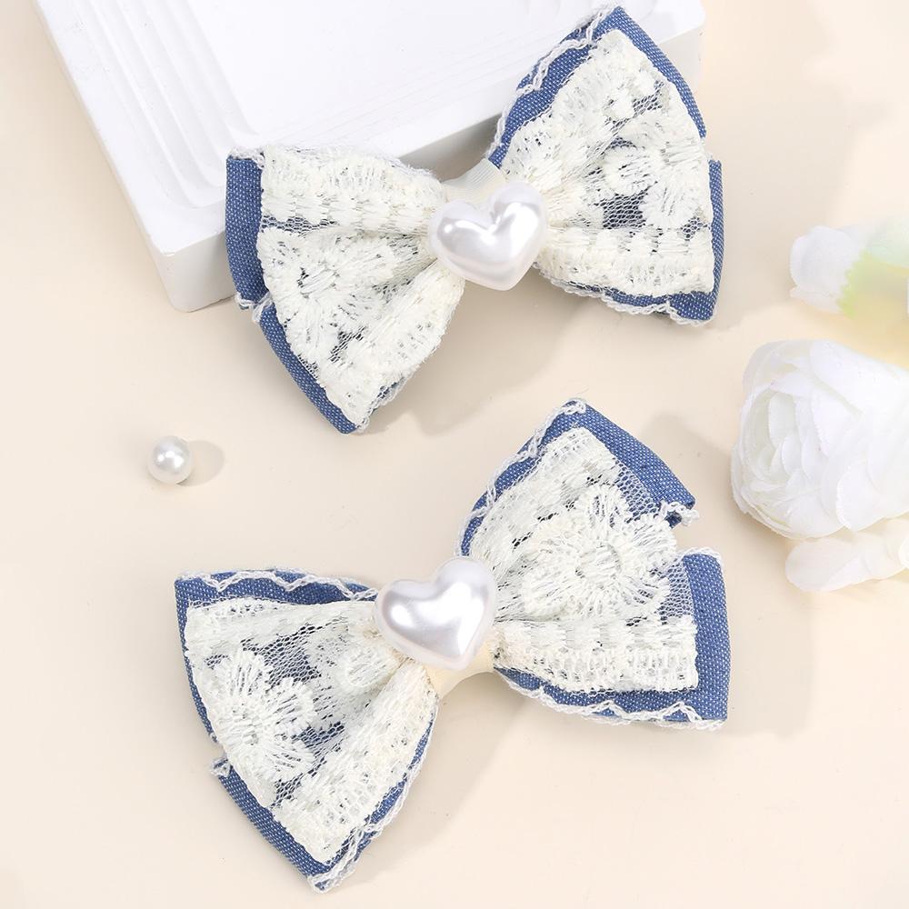 2Pcs Denim Pearls Bow Hair Clip Delicate Lace Flower Hairpins Floral Embroidery Barrette For Girls Children Headwear Accessories