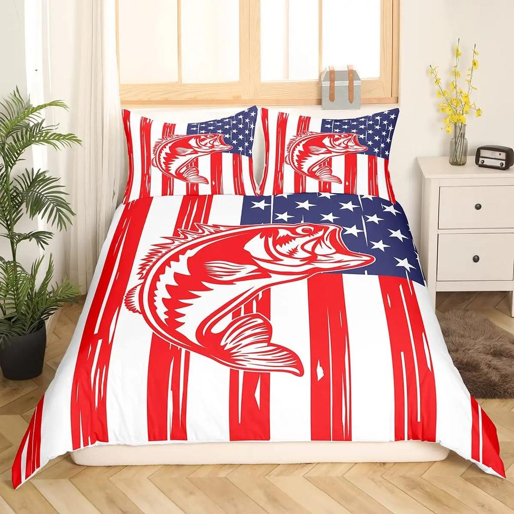 Pike Fish Bedding Striped Bass Big Pattern Hunting and Fishing Themed Duvet Cover for Kids Boys BedRoom Decorations for Teens