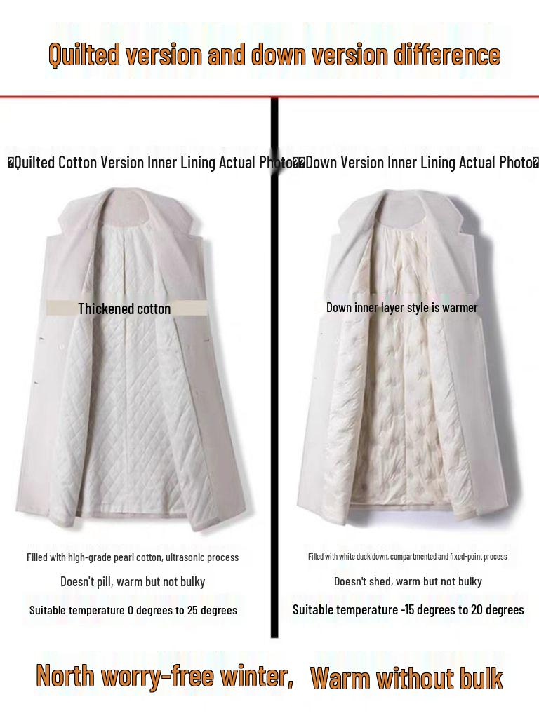 Women's Hepburn Wool Coat Mid-Length Thickened Duck Down Autumn Winter Overcoat