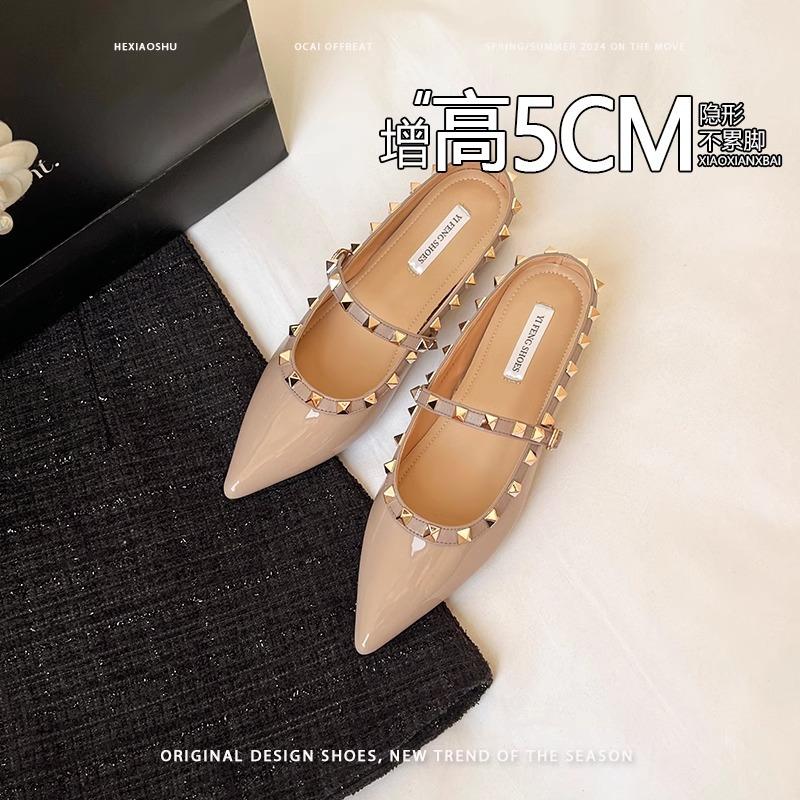 Cowhide version~ inner height increase pointed rivets single shoes spring and autumn leather one word with sandals women's half slippers