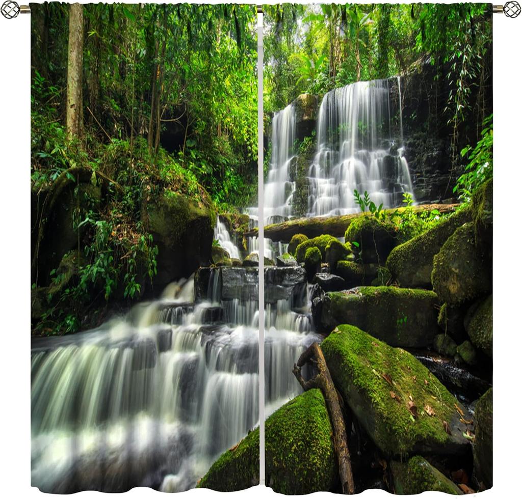 Waterfall Curtains Spring Nature Theme Landscape Pattern Forest Thermal Bedroom Living Room Panel Set Blackout Made Of Polyester Area Decor