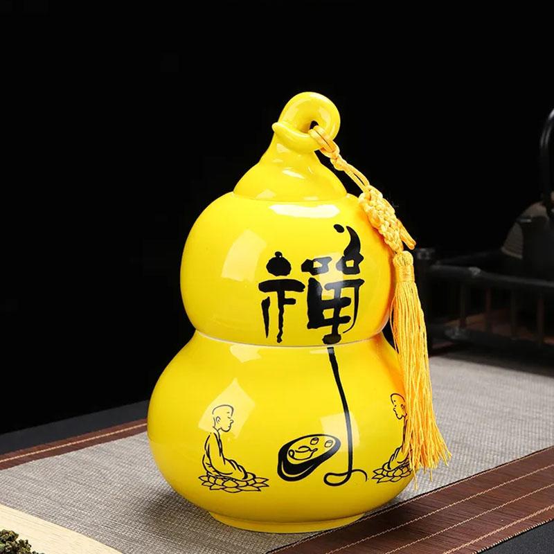 Gourd Shaped Double-layer Tea Caddy Ceramic Tea Storage Tank Non Woven Cover Sealed Tea Can Porcelain Ornaments Nut Storage Pot
