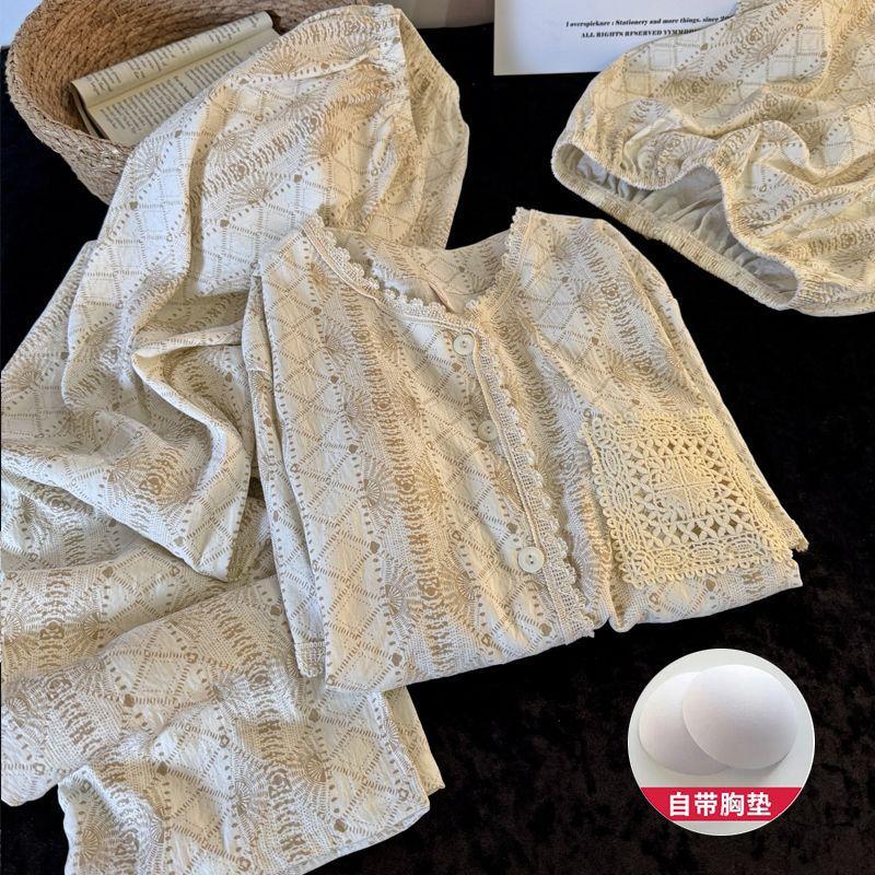 

Cloud cotton pajamas women s summer with fixed chest pad short-sleeved trousers three-piece set sweet loose casual loungewear M