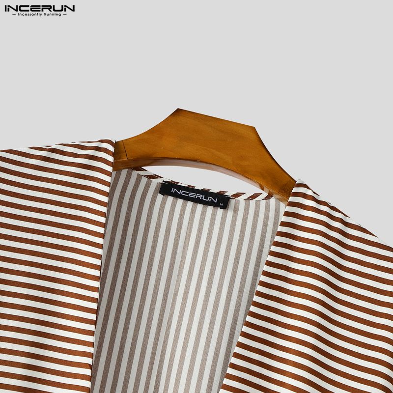 INCERUN Spring Men Neck Long Sleeve Striped Irregular Casual Long Cardigan Shirts Tops
