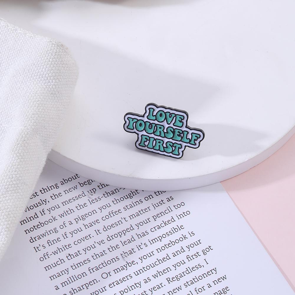 Letter Live In The Present Love Yourself First Enamel Brooches No Bad Vibes /Never Give Up Words Pins Book ON World OFF Badge