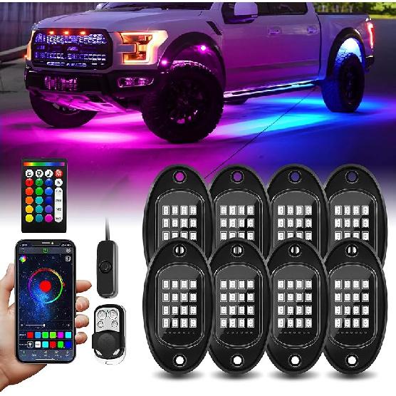 8 Pods RGB LED Rock Lights with APP/RF Remote Control High Brights Waterproof Underglow Multicolor Zone Neon Exterior Rock Lights for 12V Trucks Jeep