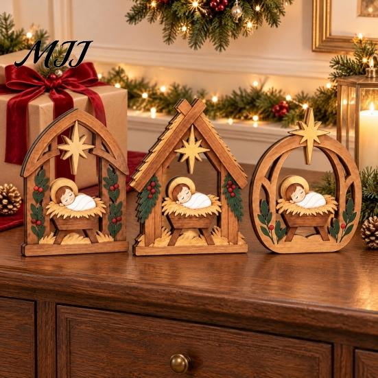 Stable Solid Wood Crafts 3Pcs Wooden Nativity Scene Decor, Christmas Manger Ornaments, Holy Family Vintage Style Xmas Ornaments Baby Jesus Tabletop
