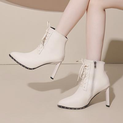 Naked Boots Winter New Pointed Toe Front Lace-Up Side Zipper Anti-Slip Wear-Resistant High Heels