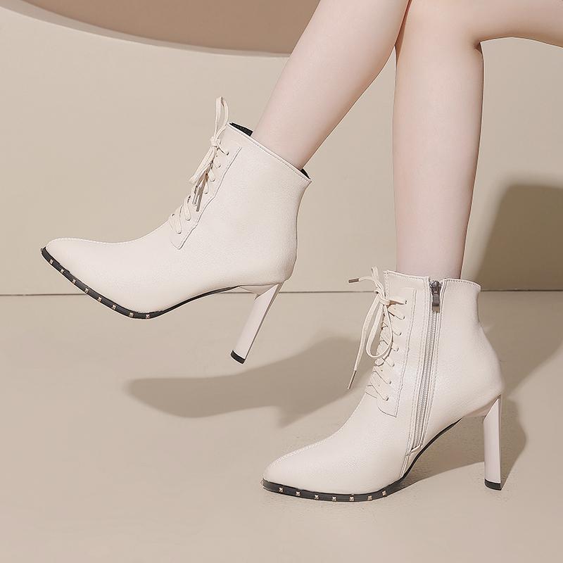 Fashion Naked Boots Winter New Pointed Toe Front Lace-Up Side Zipper Anti-Slip Wear-Resistant High Heels