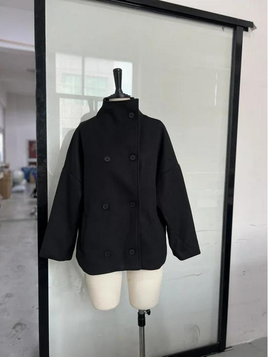 In Stock 2025 Autumn Double-breasted Stand Collar Woolen Coat