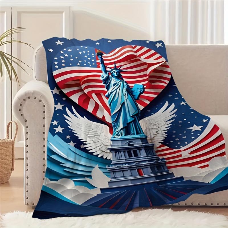Statue of Liberty American Flag Star Print Flannel Blanket All Season for Home Camping Travel, Ideal Home Decor & Family Gift