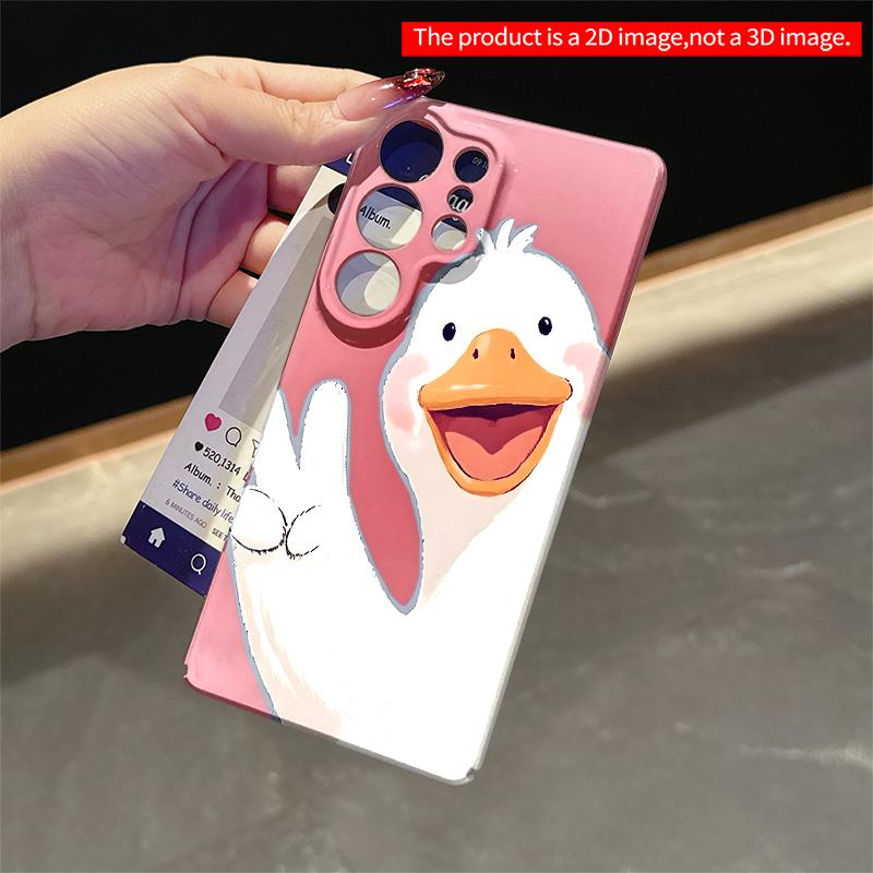 2DFlat Samsung phone case Happy Duck Waving Peace Sign on Pink Background Applicable to Galaxy S23 S24 S25ULTRA S26 A12 A14 A15 A16 A54 A55