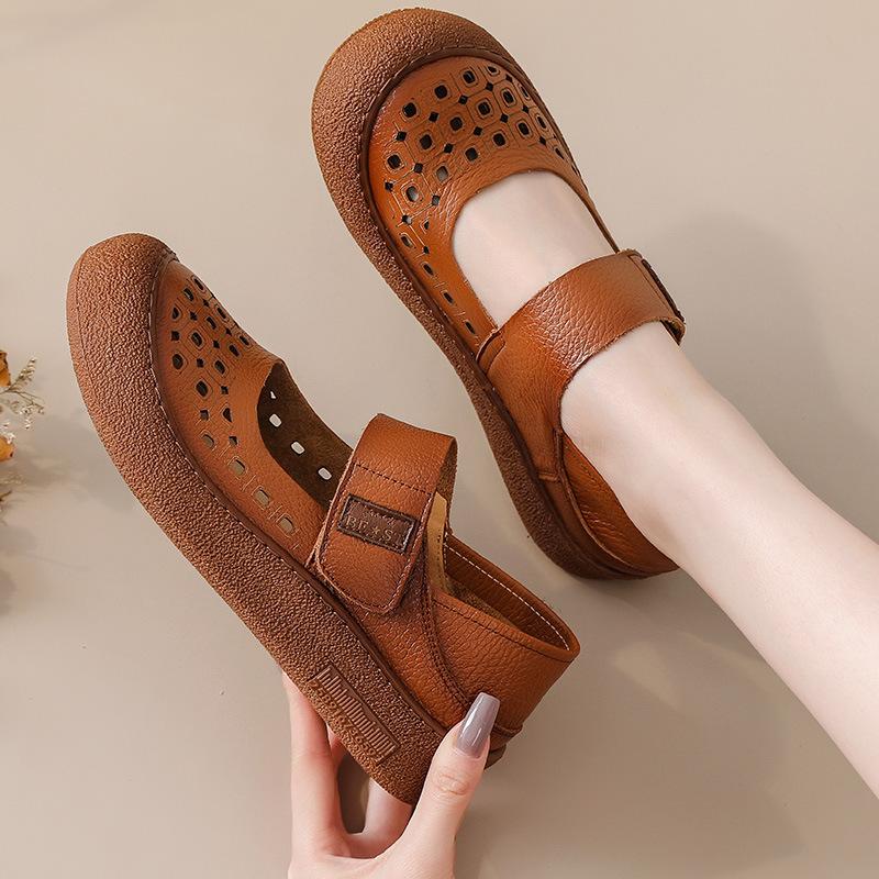 Fashion New arrival cutout cow leather sandals women summer mary jane flats shoes woman hook loop soft loafer ladies breathable sandals