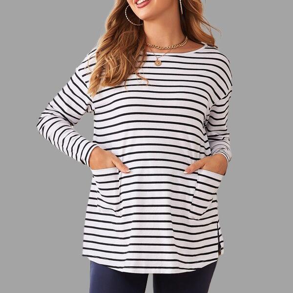 

Полосатый топ для беременных с круглым вырезом и длинным рукавом XL белый