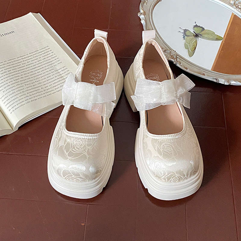 Mary Jane small leather shoes women's 2025 spring new platform lace bow national style with skirt big head single shoes