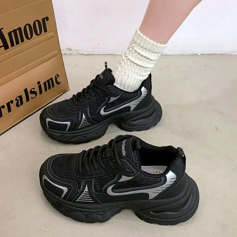 Fashion Casual Sneakers Women Shoes 2024 New Synthetic Leather Mixed Colors Thick Sole Lace-up Mesh Breathable Ladies Sports Shoes