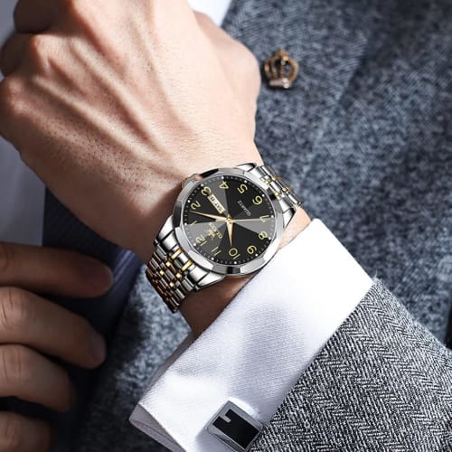 OLEVS Men's Popular Diamond Arm Watch Men's Stylish Quartz Analog Business Date Waterproof Luminous Men's Watch Black White