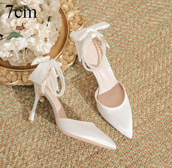 Fashion High Heeled Women's New Pointed Thin Heel Silk Satin Hollow Heel Bow High Heels Women Versatile Commuter Single Shoes for Women