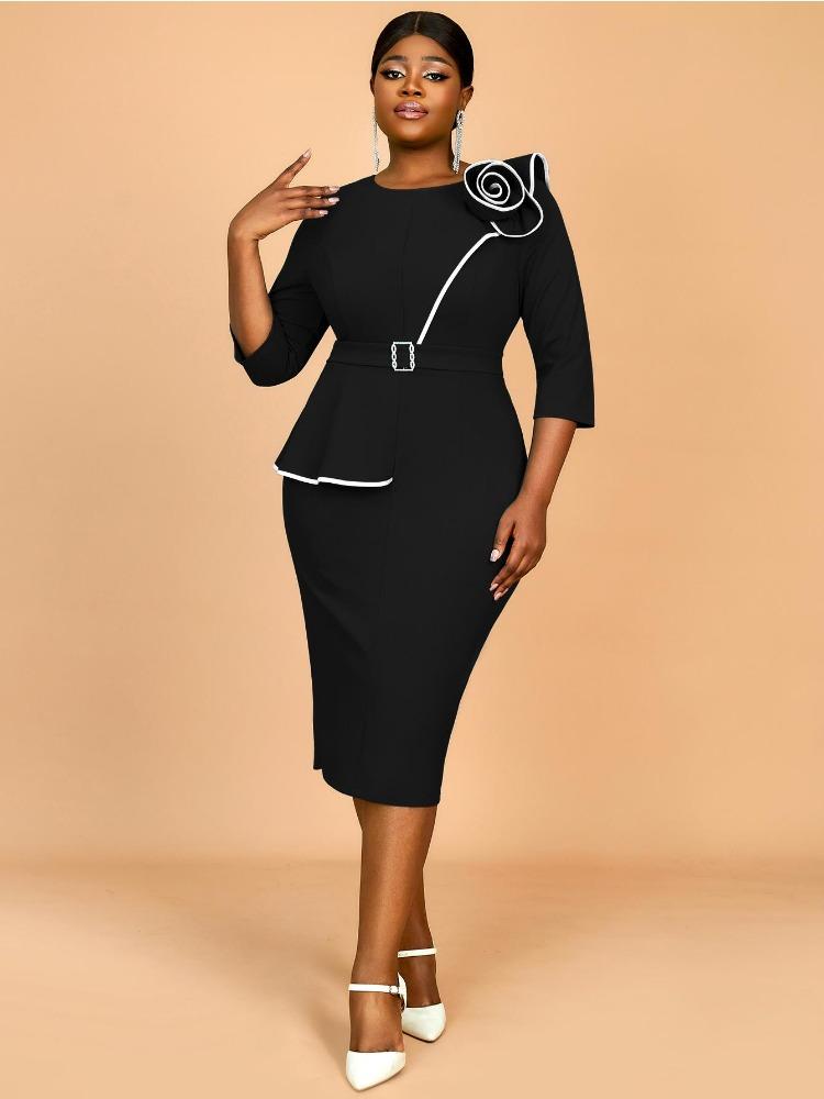 Women Elegant Bodycon Dress with O Neck 3D Flower Belt Patchwork High Waist  Asymmetrical Package Hip Split  Party Outfit