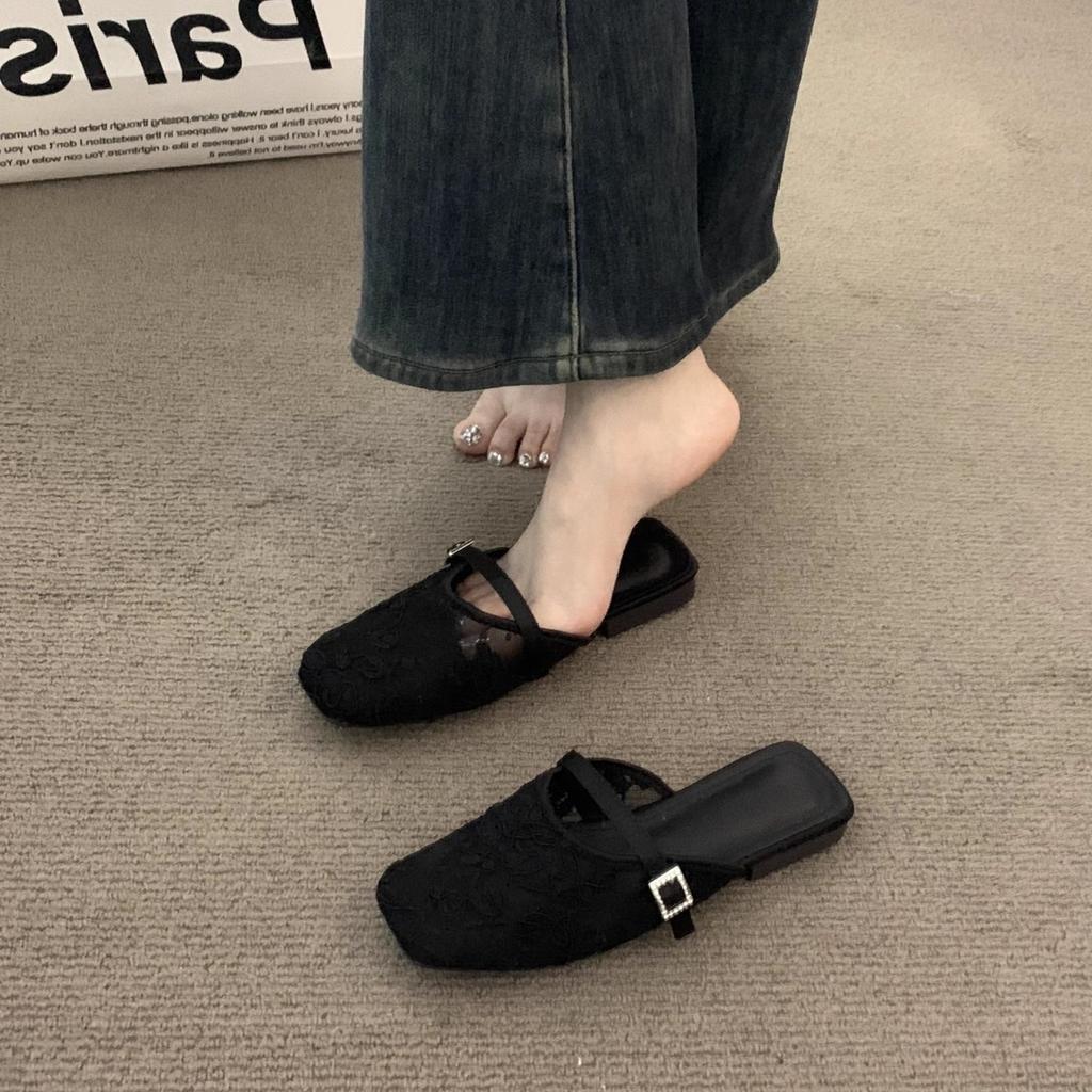 Niche mesh premium baotou half-drag sandals women's shoes 2025 new summer vacation style French with evening shoes