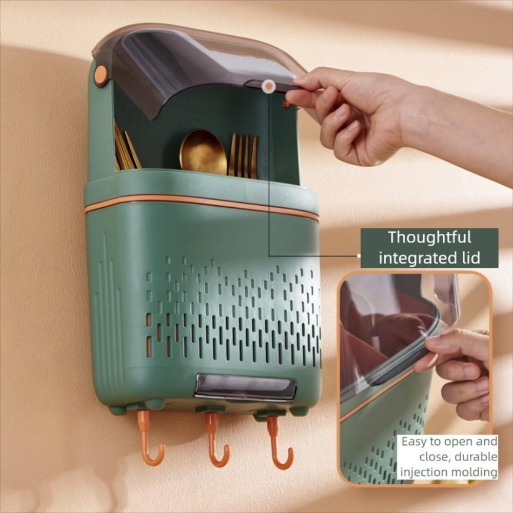 Dustproof Spoon Fork Chopstick Storage Box Wall-Mounted Drain Rack with Cover  Home Storage
