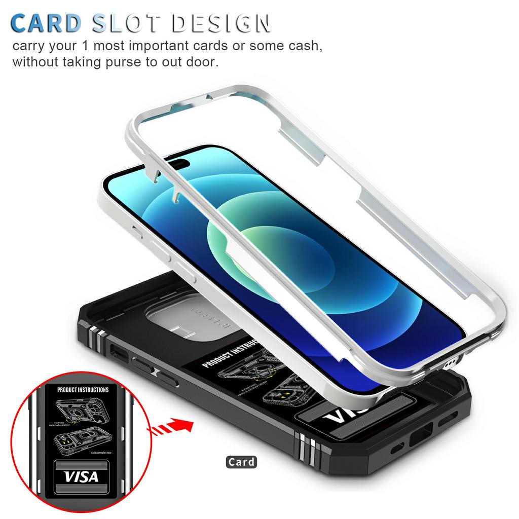 For iPhone 15 Pro Max Kickstand Case Card Holder PC+TPU Phone Cover with Sliding Camera Protection