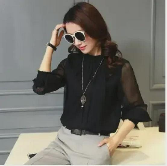 

2024 Корейский шифоновый топ с оборками и воротником-стойкой - Большой размер Large чёрный