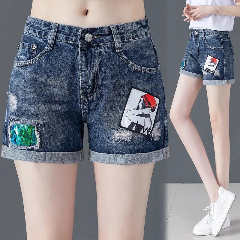 

Women s Korean-style Denim Shorts, Fashionable, Distressed, Sequined, Stylish, Cuffed, Straight-leg Pants, Hot Pants S/26