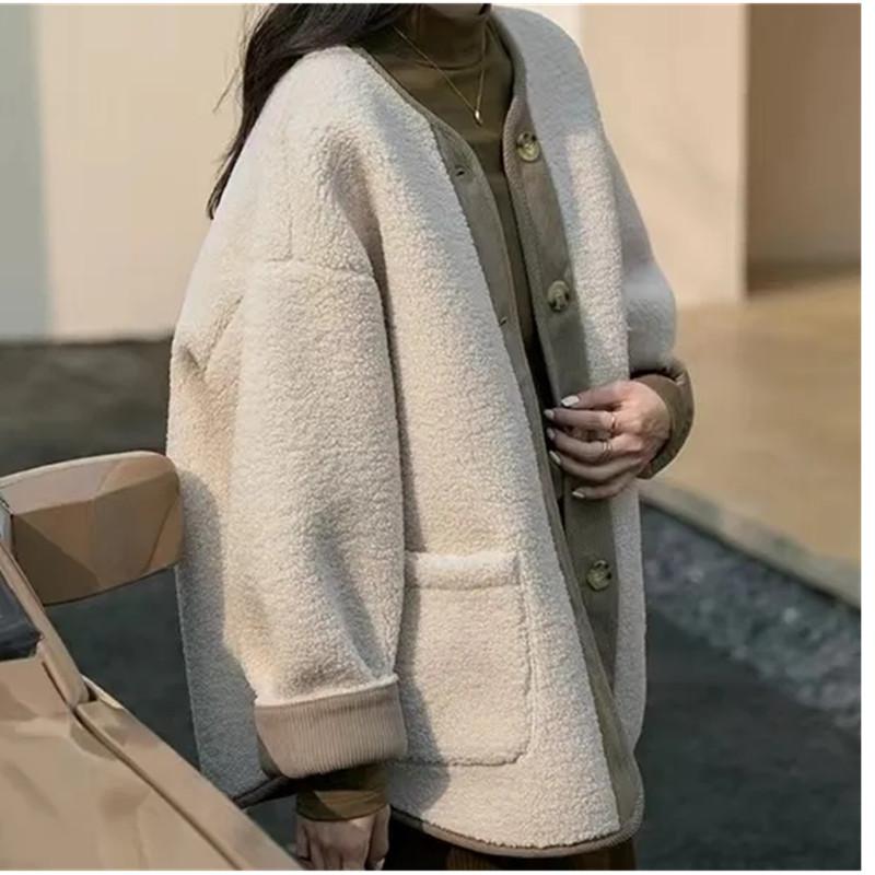 Wool Jacket Women's Autumn/Winter Short Loose and Thicken Baseball Jackets Female O Neck Casual Outwear Tops