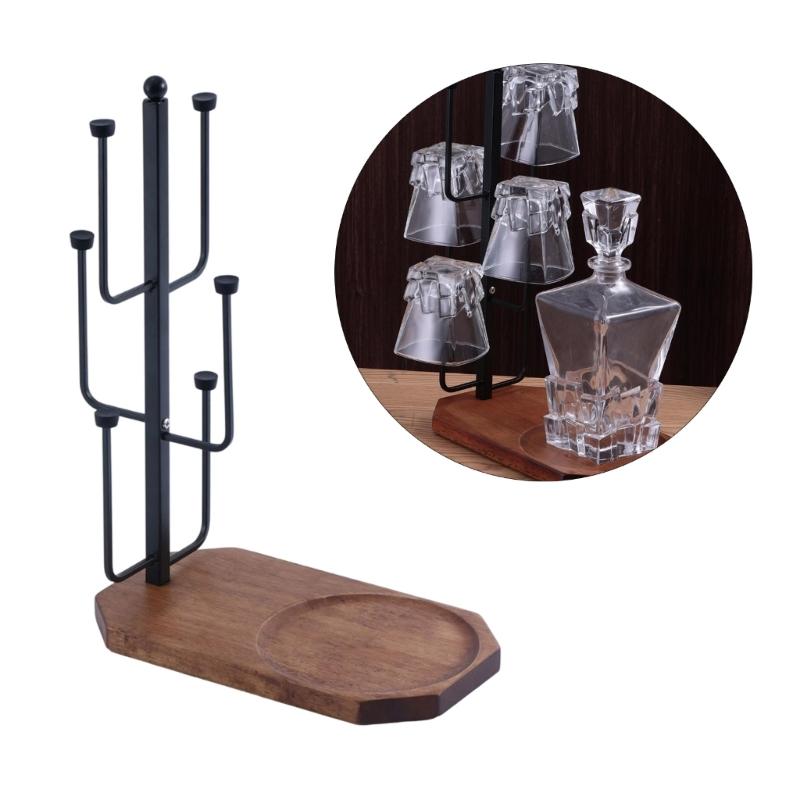 Sturdy Metal Wood Cup Holder Coffee Mug Rack with 6 Hooks and Wooden Tray Counter Display Stand for Kitchen Accessories