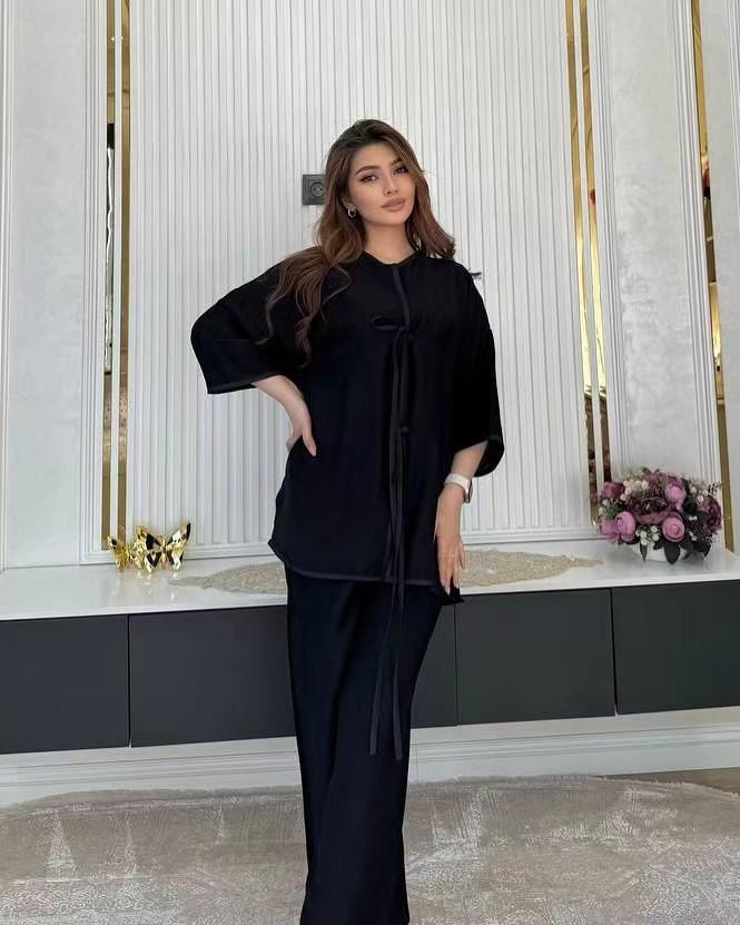 

Летний женский повседневный модный комплект 2025 с дизайном на завязках - Однотонный, в европейском и американском стиле, подходит для мусульманок S чёрный